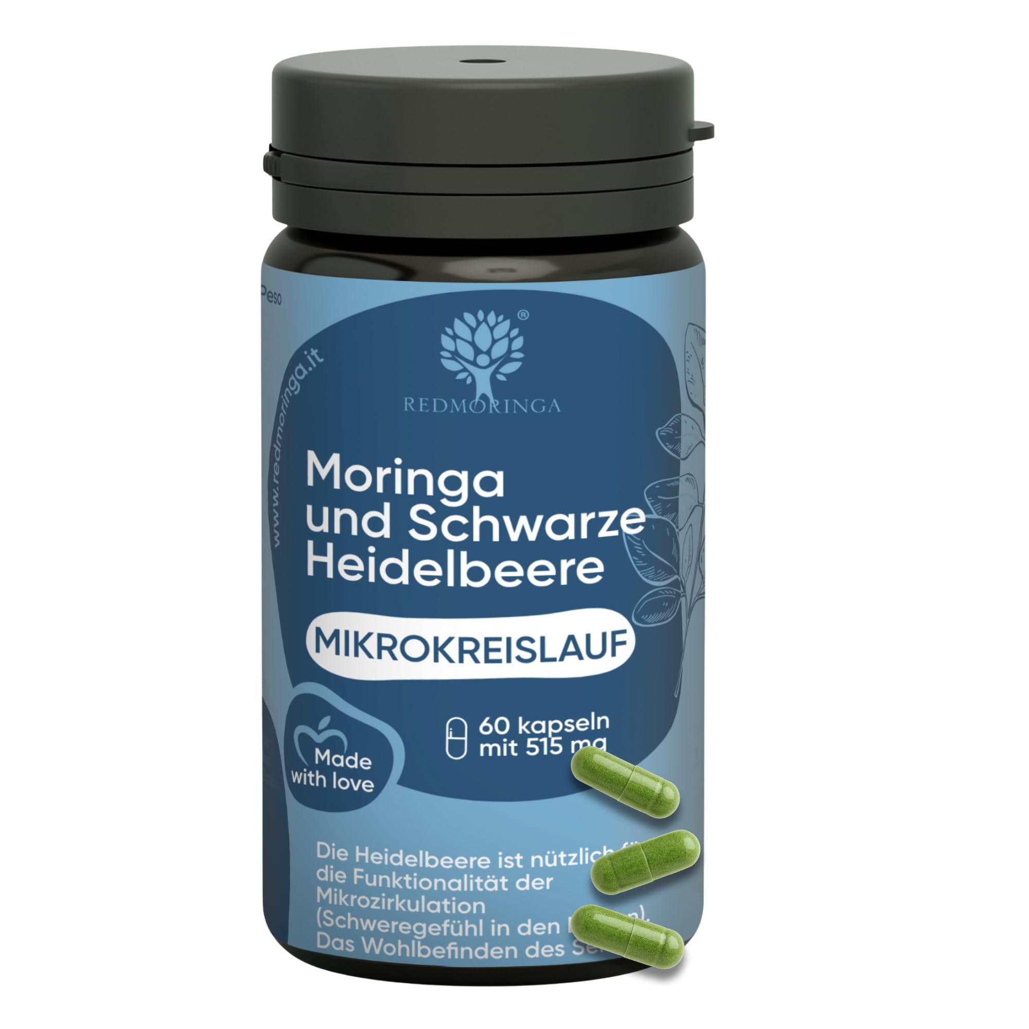 RedMoringa Venen Kapseln für Leichte Beine mit Hedelbeerextrakt & Bio Moringa Kapseln - Unterstütz die Durhblutung für Angenehmen Alltag dank Heidelbeeren und Rotes Weinlaub - 60 Tage Vorrat