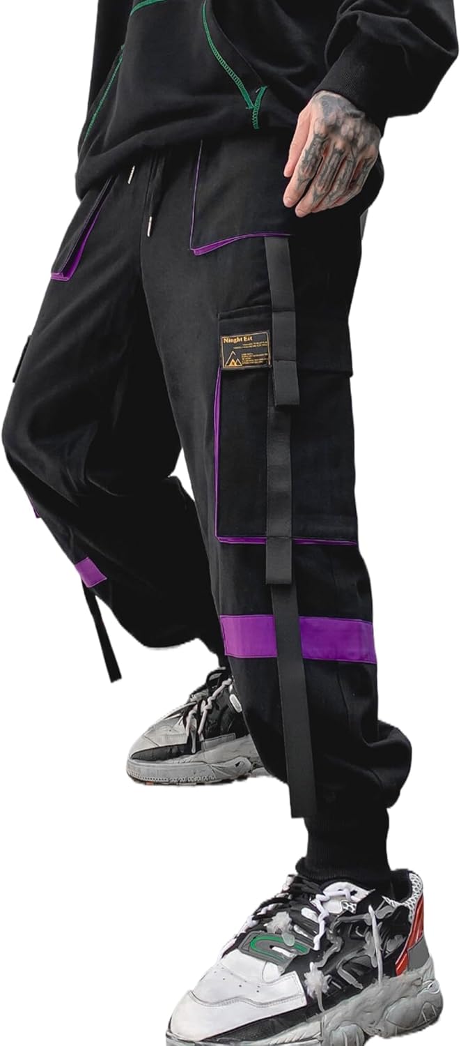Men's Jogger Pants Techwear Hip Hop Harem Pants Streetwear Tactical Track Pants with Drawstring Black-Purple Medium