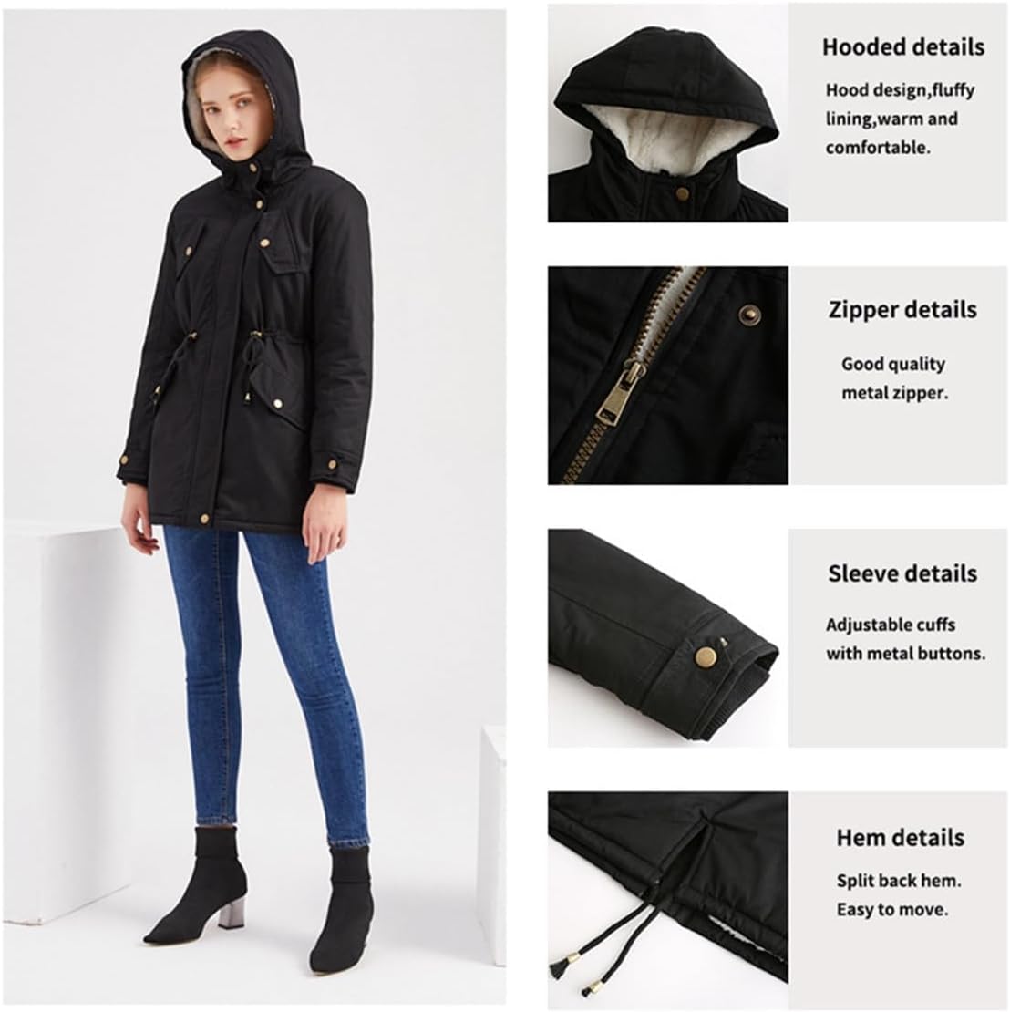 Women's plush mid-length jacket with hood, slim-fitting and waist-cinching thickened jacket for autumn and winter