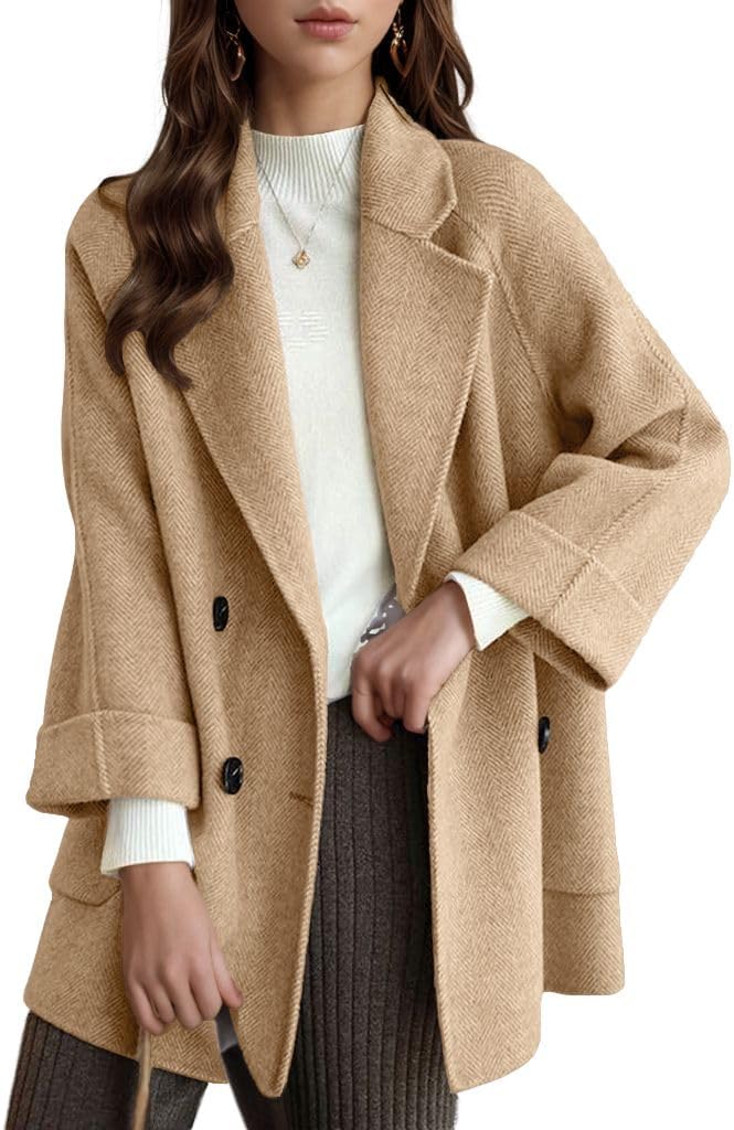 chouyatou Women's Casual Notch Lapel Double Breasted Warm Shacket Jacket Wool Coat