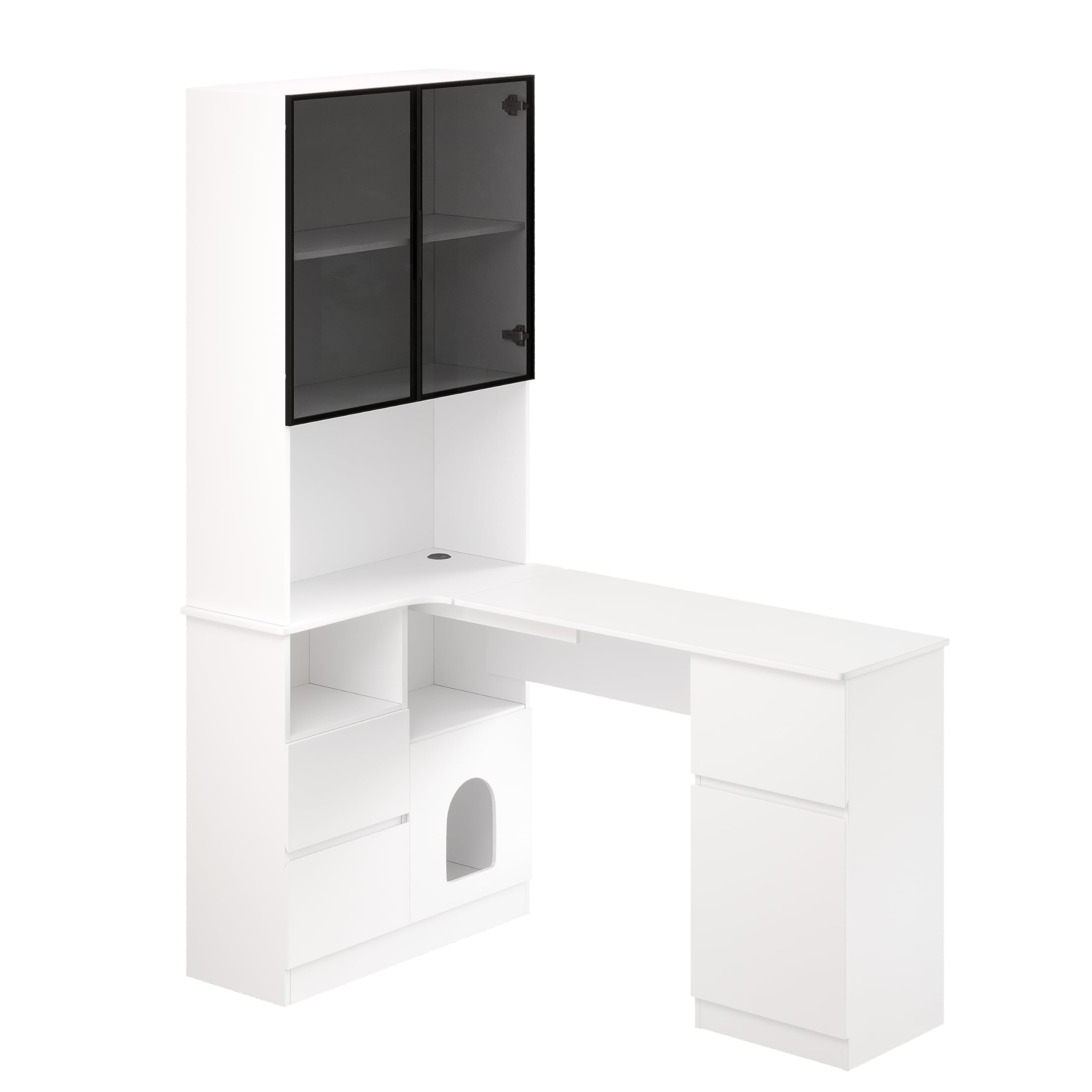 Scrivania angolare con ripiano e vetrina a LED, 120 x 80 x 180 cm, scrivania per computer con passacavi, 3 cassetti e 2 ante, libreria con scomparti aperti e scomparto per animali domestici, per casa