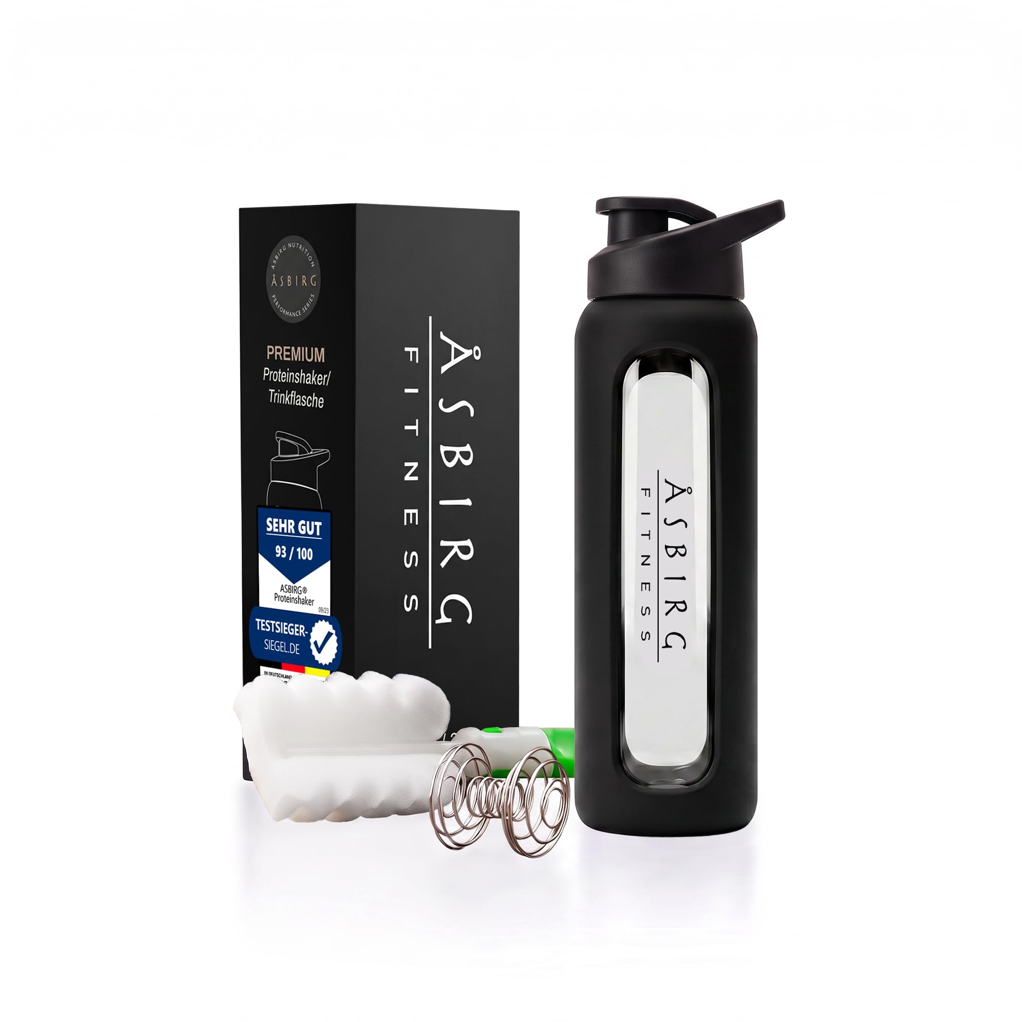 Fitness - 3er Bundle Proteinshaker aus Glas – Schwarz, Pastellgrün & Beige – BPA-frei, geschmacksneutral - mit Spiralball