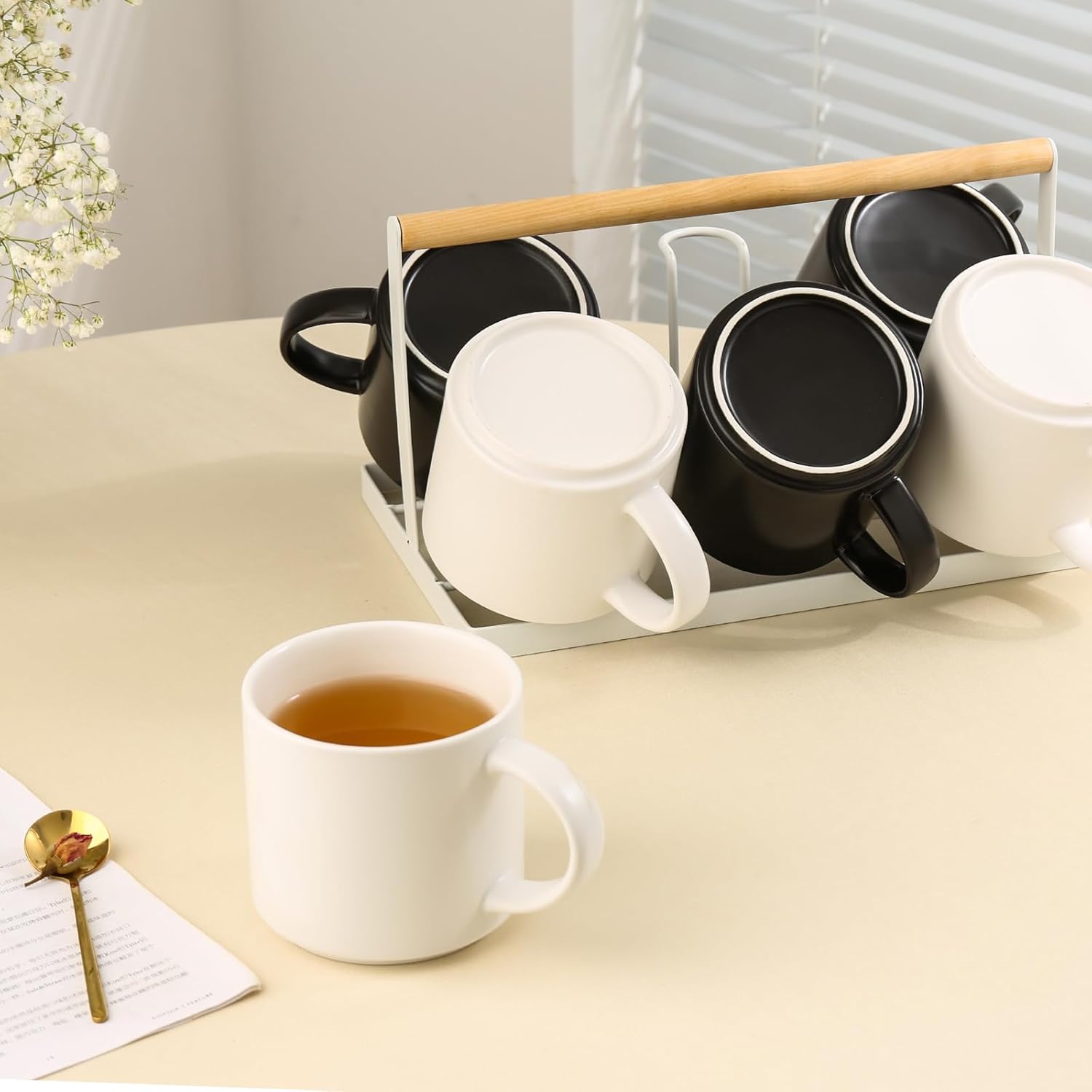 Stackable Coffee Mug,14 OZ Ceramic Coffee Cup with Heat-insulated Handle, Tea Cup for Cappuccino, Latte and Matcha, Suitable for Adults and Children, Microwave＆Dishwasher Safe, White - Image 5