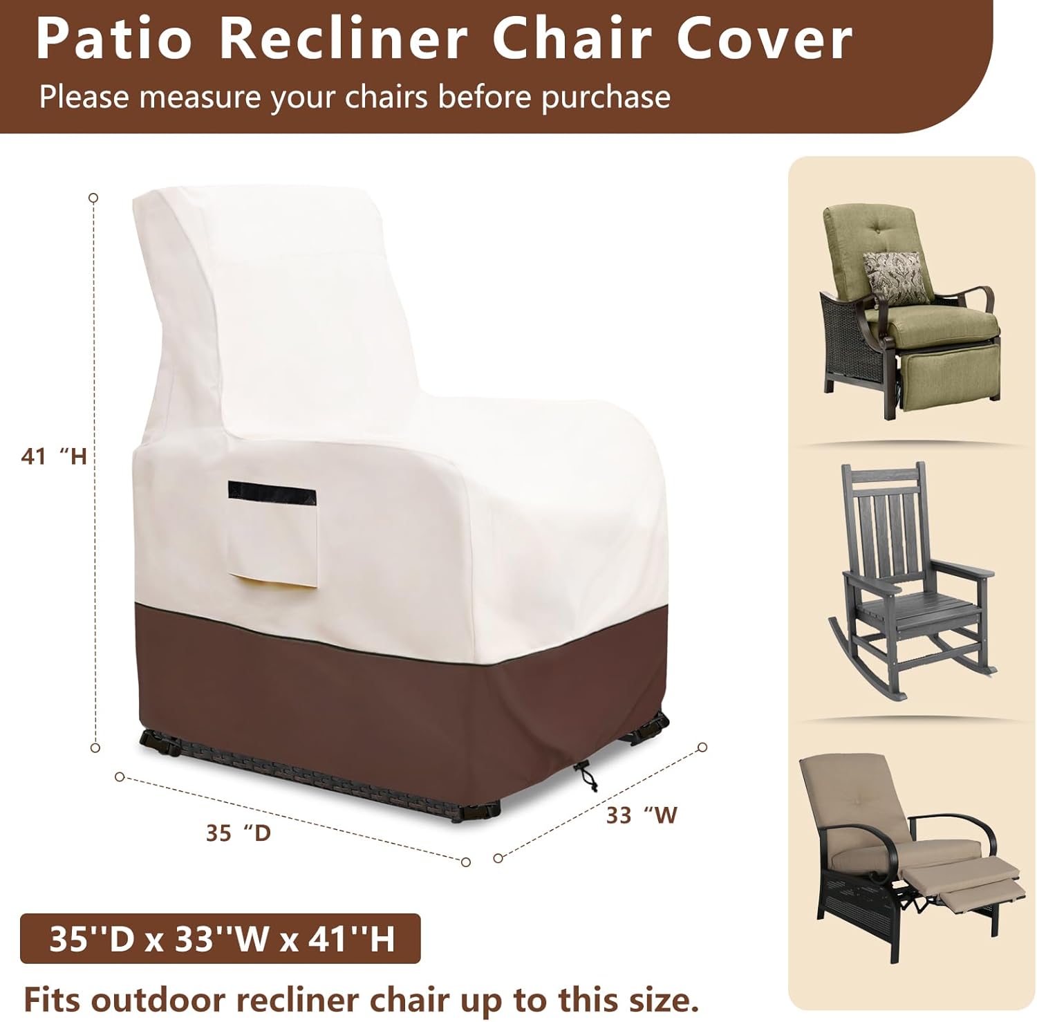 Outdoor Recliner Chair Cover,600D Heavy Duty Waterproof Patio Chair Covers,Outdoor Furniture Covers for Lawn/Garden Recliner Chiar,Beige&Brown