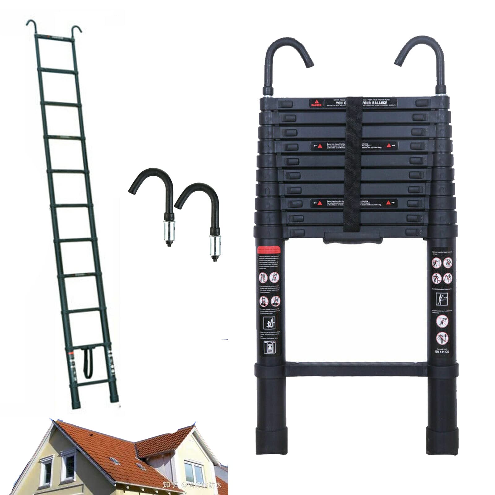 10FT Telescoping Ladder Aluminum Telescopic Extension Ladder with 2 Detachable Hooks, 2.8" Roof Hooks, Collapsible Ladder Fully Extended 126", Multi-Purpose Ladders for Home, 330 Lb Capacity, EN131