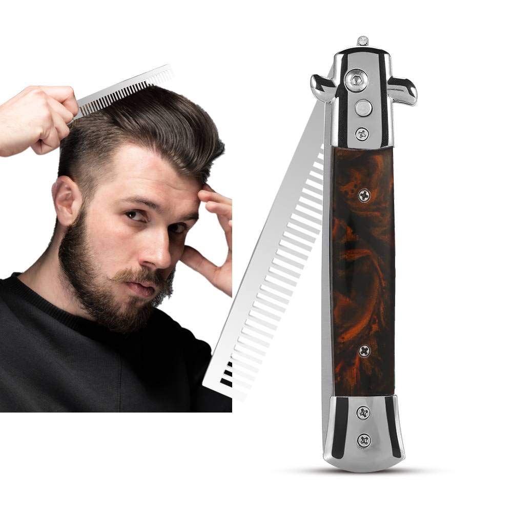 Peines de navaja de conmutación ，8.9 pulgadas 4 colores Botón de resorte plegable Peine de bolsillo Peine de pelo de acero inoxidable Peine de bolsillo para barba de pelo Estilo de bigote(MARRÓN)
