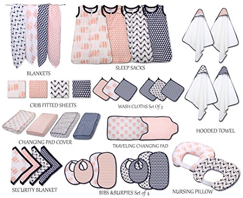 Image of Bacati - Tribal /Aztec Cotton Muslin Fabric Hooded Towels /Wash Cloths(Set of 3) (Set of 3 Wash Cloths, Feathers /Triangles Coral /Navy)