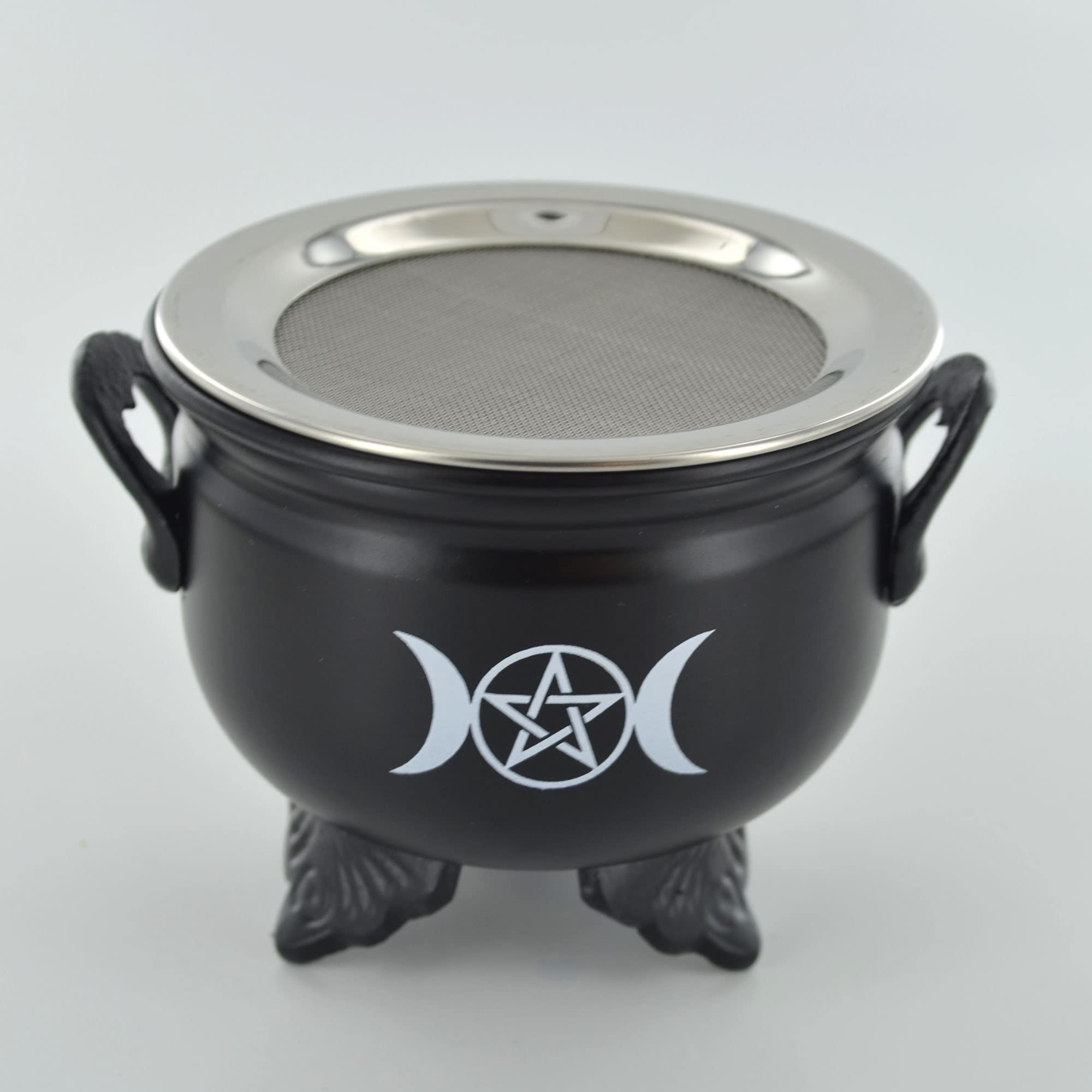 Prezents.com Sheet Iron Incense Burner With Mesh Cauldron Triple Moon Style Stand Wicca Item Witch Alter Accessory, Black, M (40023)