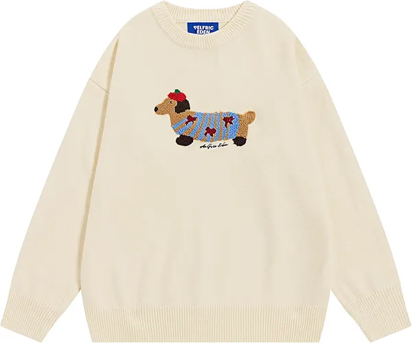 Aelfric Eden Cartoon Dog Sweater Casual Soft Baggy Knit Pullover Sweaters Long Sleeve Crewneck Tops 2024 Trendy Outfits