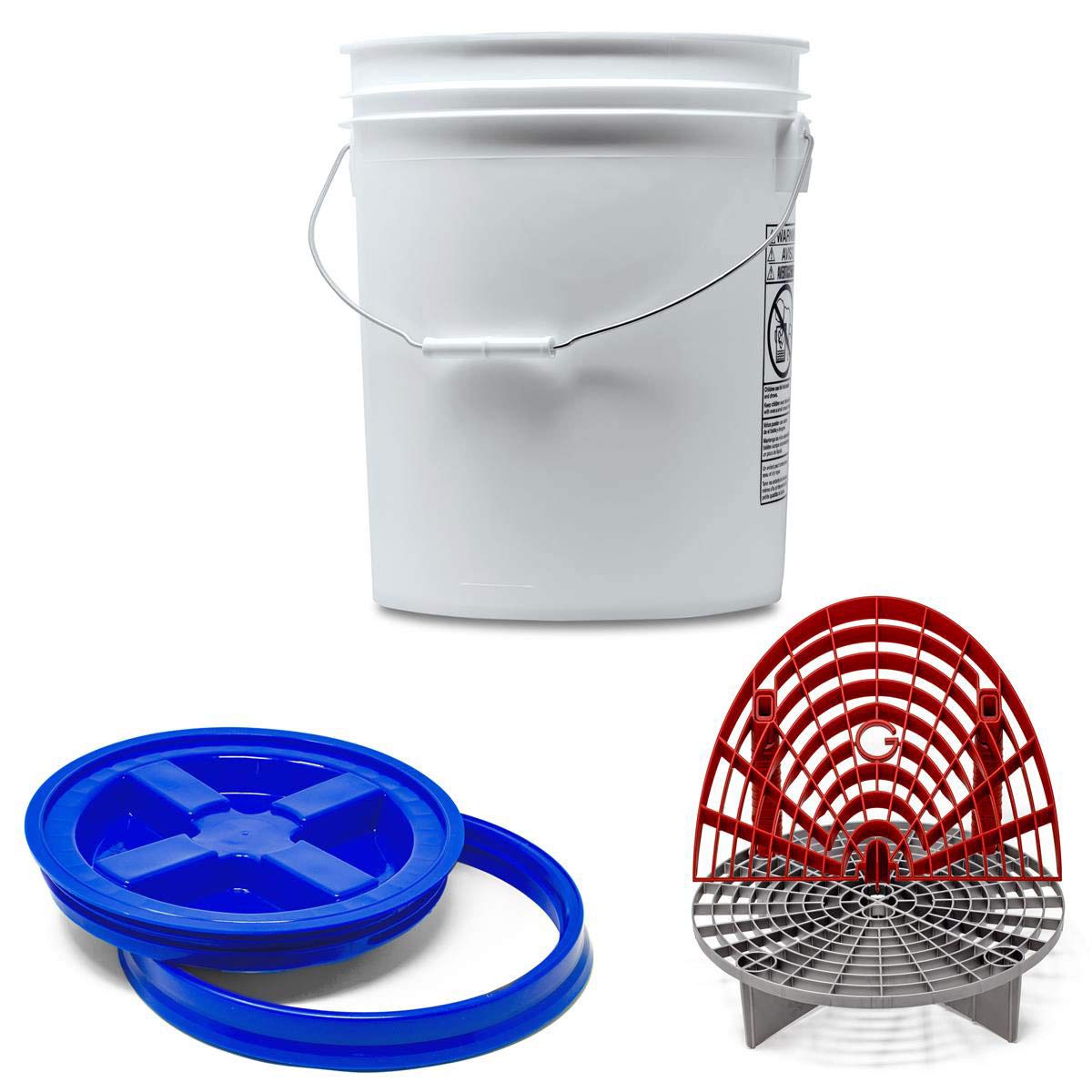 Detailmate professionelles Wasch Eimer Set: Magic Bucket Wascheimer 5 GAL (ca. 20 Liter), Gamma Seal Eimerdeckel blau, GritGuard Schmutz Einsatz Silber, GritGuard Washboard rot