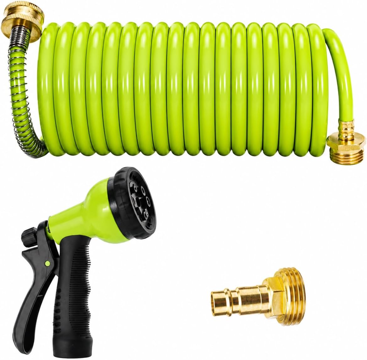 RV External Shower, 3/8 in by 15-Foot Coil Hose with 1/2 Inch Quick Connect Adapter for RV Outdoor Shower, Boat Hose Coil, 3/4 Inch Fittings (No Sprayer) (Green With Sprayer)