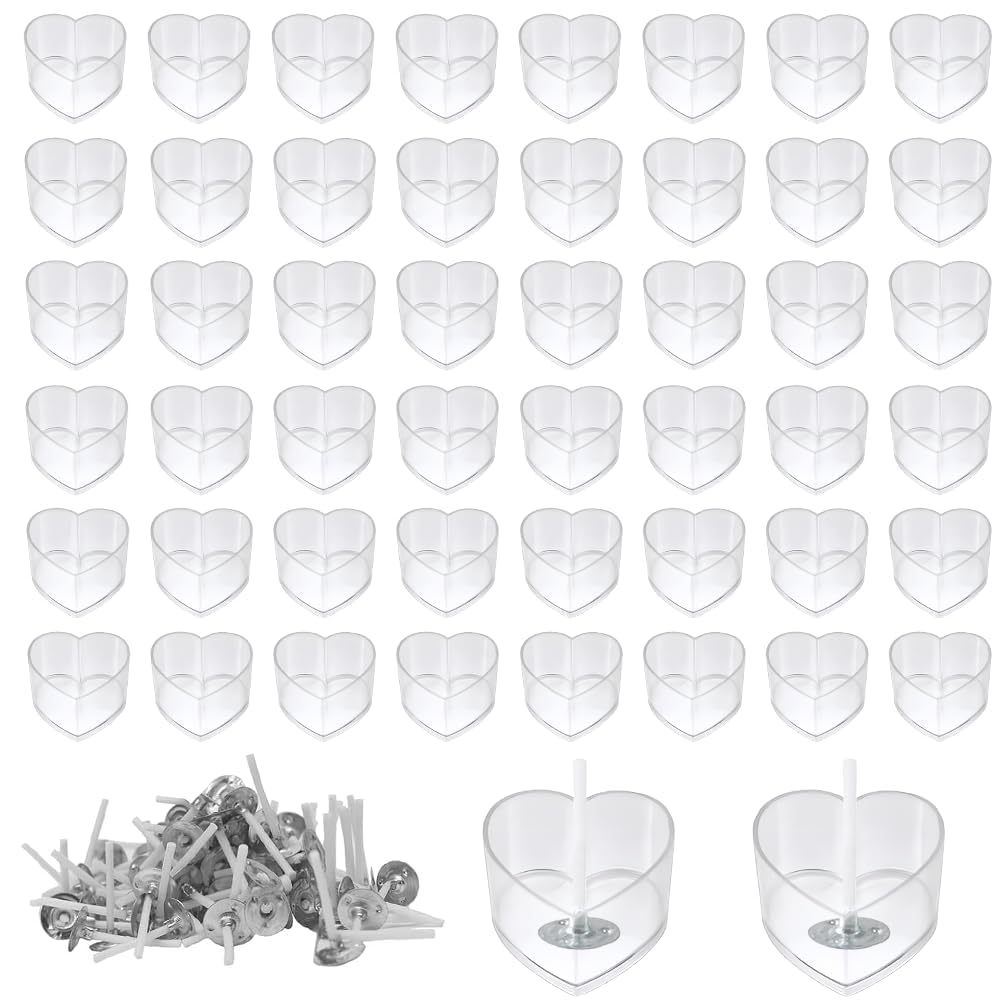 yotutun 50 Stück Leere Kerzen Gläser aus Kunststoff Candles, Klarem Kerzengläser DIY Kerzen Selber Machen Set Transparente Teelichthüllen Leer für Hochzeiten Valentinstag (Herzförmige, 100 Dochte)