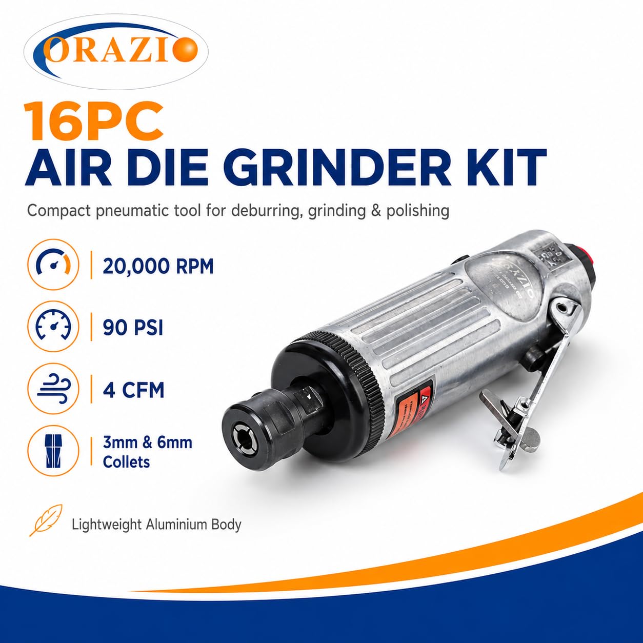 ORAZIO 212505B - Kit per smerigliatrice pneumatica, mini smerigliatrice dritta per riparazione pneumatici e altre applicazioni, con accessori da 3 mm e 6 mm, 16 pezzi