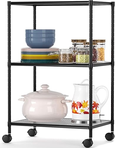OVICAR Estantes de almacenamiento de alambre de 3 niveles, estantes ajustables con ruedas, estante de almacenamiento de metal de acero para cocina,