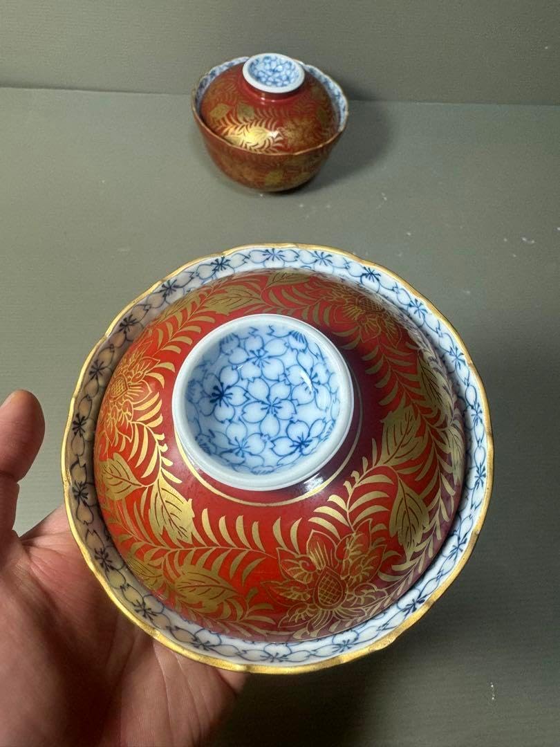 2569 呉福 金襴手 蓋付碗 2客2569 呉福金襴手蓋付碗2客未使用