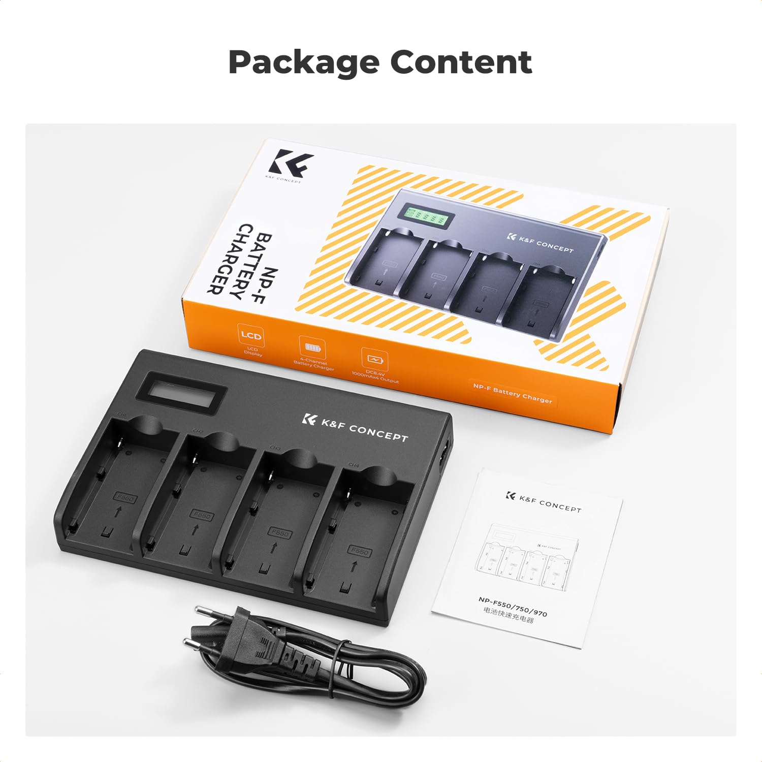 K&F CONCEPT NP-F Batería Cargador de 4 Ranuras con Pantalla LCD, Enchufe Euro, Compatible con Sony NP-F550 F570 F750 F770 F930 F950 F960 F970