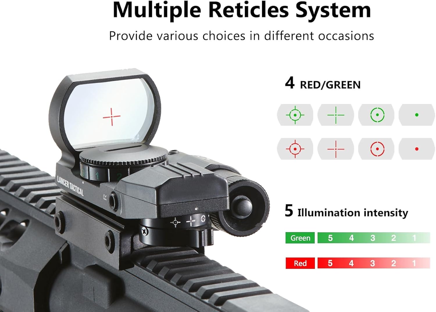 Lancer Tactical 1X22X33 Reflex Sight Red Dot Sight Red Green 4 Reticle Optics with Green Laser for 20mm Rail