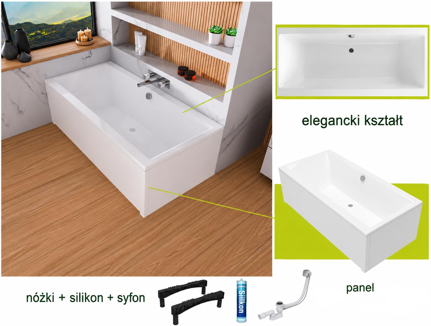 Wanna ECOLAM Pryzmat 170x75cm + obudowa | Nowoczesna wanna prostokątna, najwyższej jakości wanna akrylowa | Kompletny zestaw z odpływem, nóżkami i silikonową obudową