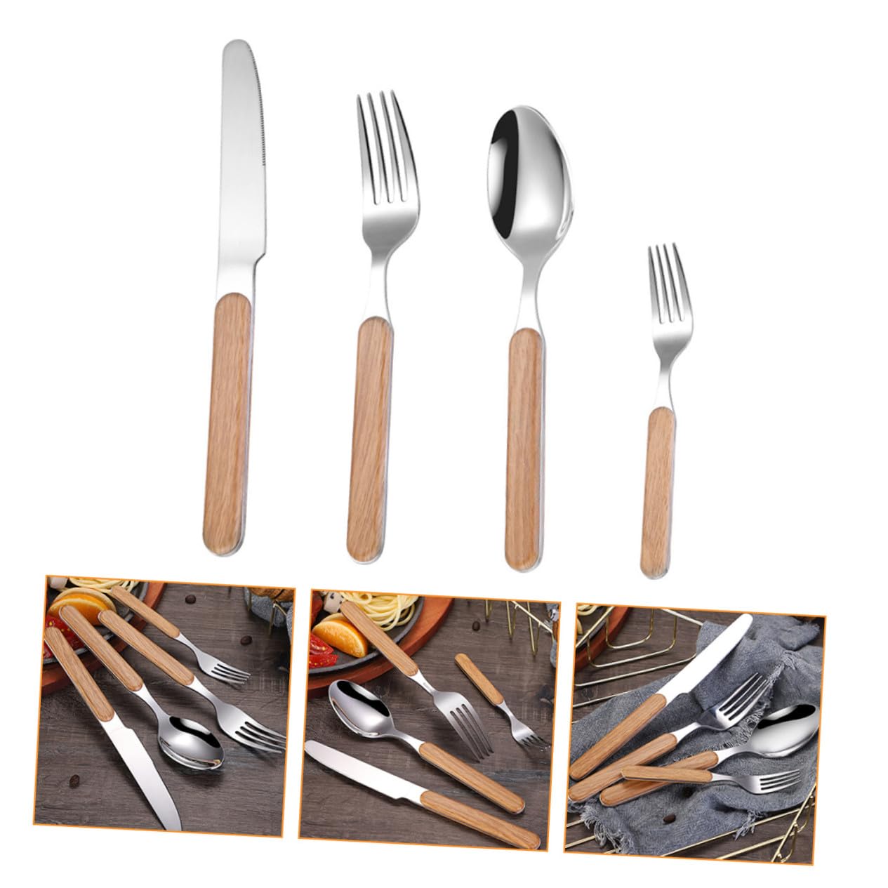 Besteckset Langlebig und Spülmaschinenfest aus Edelstahl mit Holzgriff 4 Stück Retro Küchenbesteck als Einweihungsgeschenk
