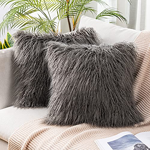 MIULEE Pack of 2 Decorative Throw Pillow Covers Faux Fur Fluffy New Luxury Series Style Square Cases for Couch Cushion Sofa Bedroom 22 x 22 Grey