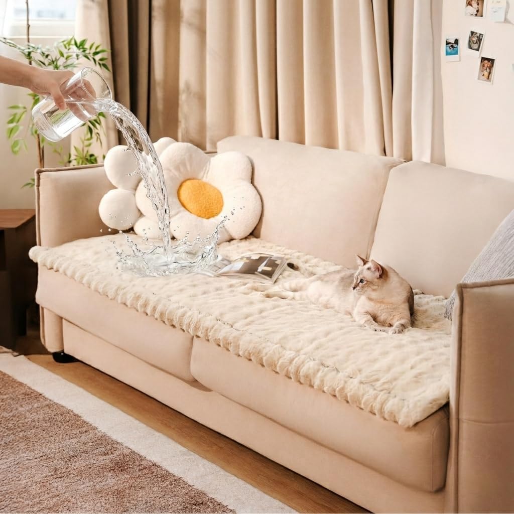 FUNNY FUZZY Pet Couch Cover for Sofa, Thick Waterproof Couch Cover for Dogs Washable, Pet Friendly Fuzzy Sofa Covers Soft Dog Bed Mat Non Slip for Couches and Sofas, Khaki, 27.6"×70.9"