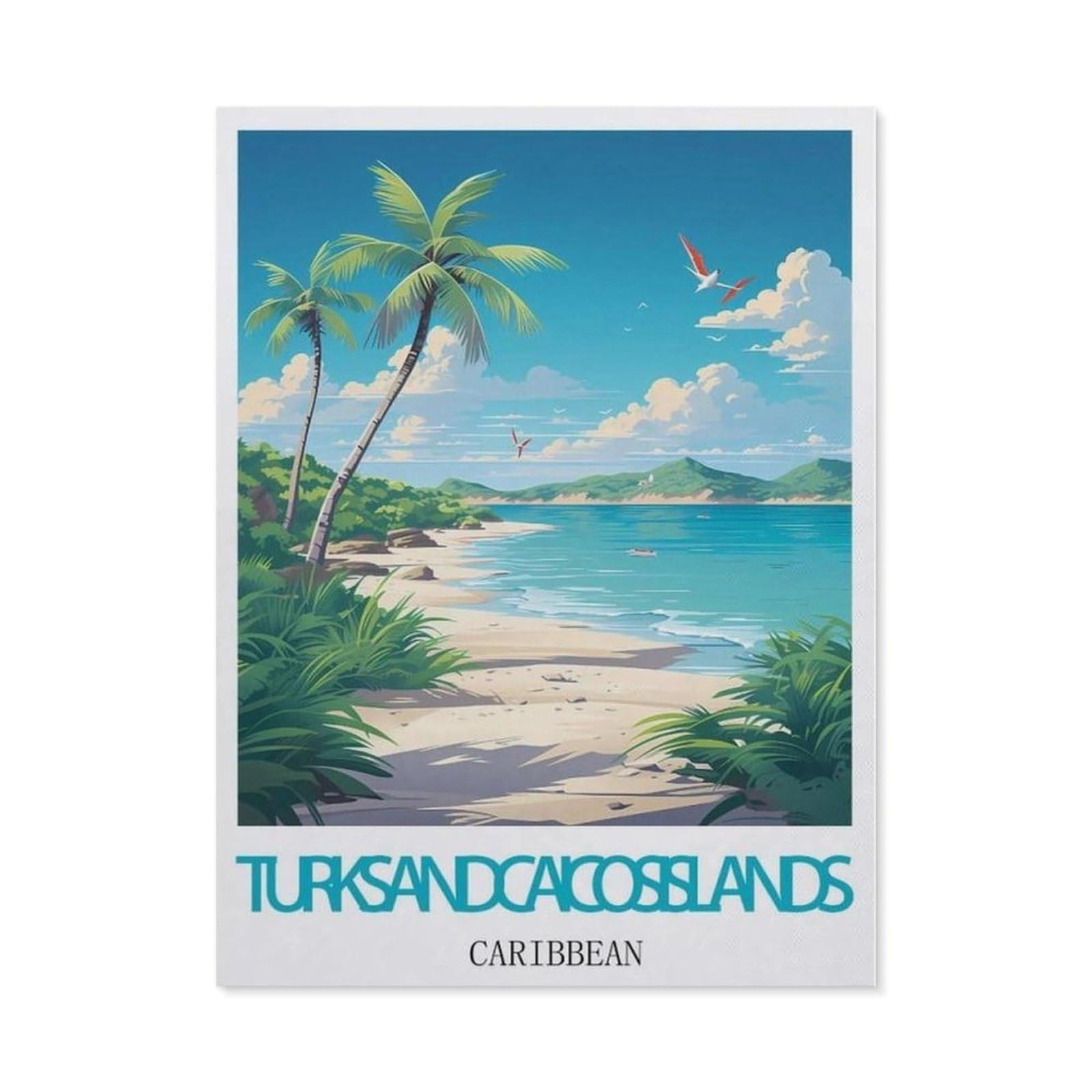 Beayodkp （30 X 40 Cm/11.81 X 15.74 Inches） 5D Diy Diamond Painting，Turks And Caicos Islands Caribbean Vintage Travel Posters，Art Living Room Wall Decoration Gift-Ce61