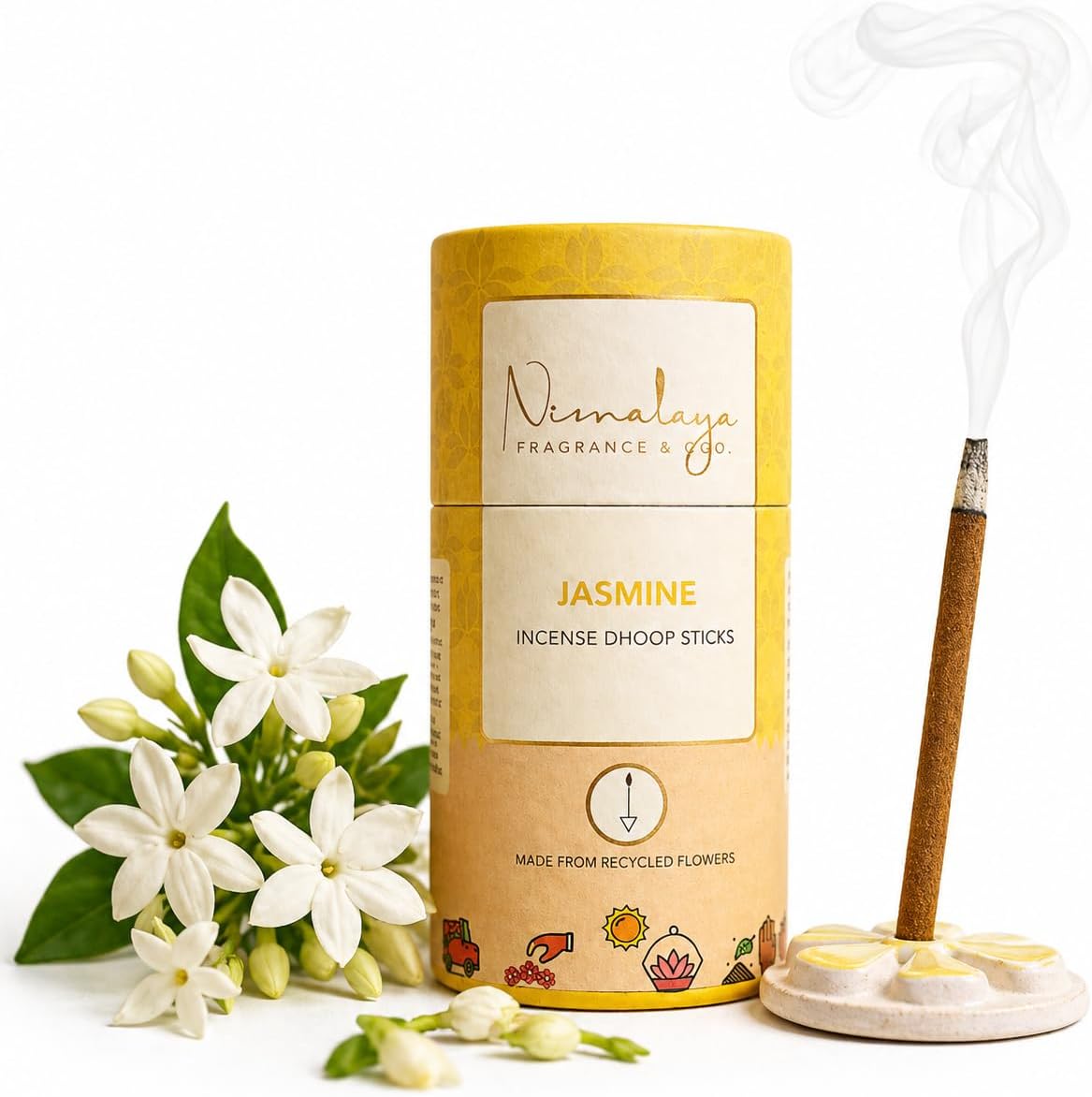 Nirmalaya Premium Jasmine Dhoop Sticks (40 Sticks, 180g) | Bambooless Sticks, Charcoal Free Incense Sticks Made from Recycled Flowers | Long Lasting 25 Min Burn | for Pooja, Yoga & Meditation