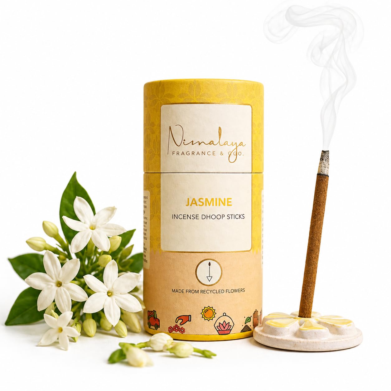 Nirmalaya Premium Jasmine Bambooless Dhoop Sticks (40 Sticks) with Ceramic Stand Sacred Temple Flower | 100% Charcoal-Free | for Pooja, Meditation, Yoga & Home Fragrance