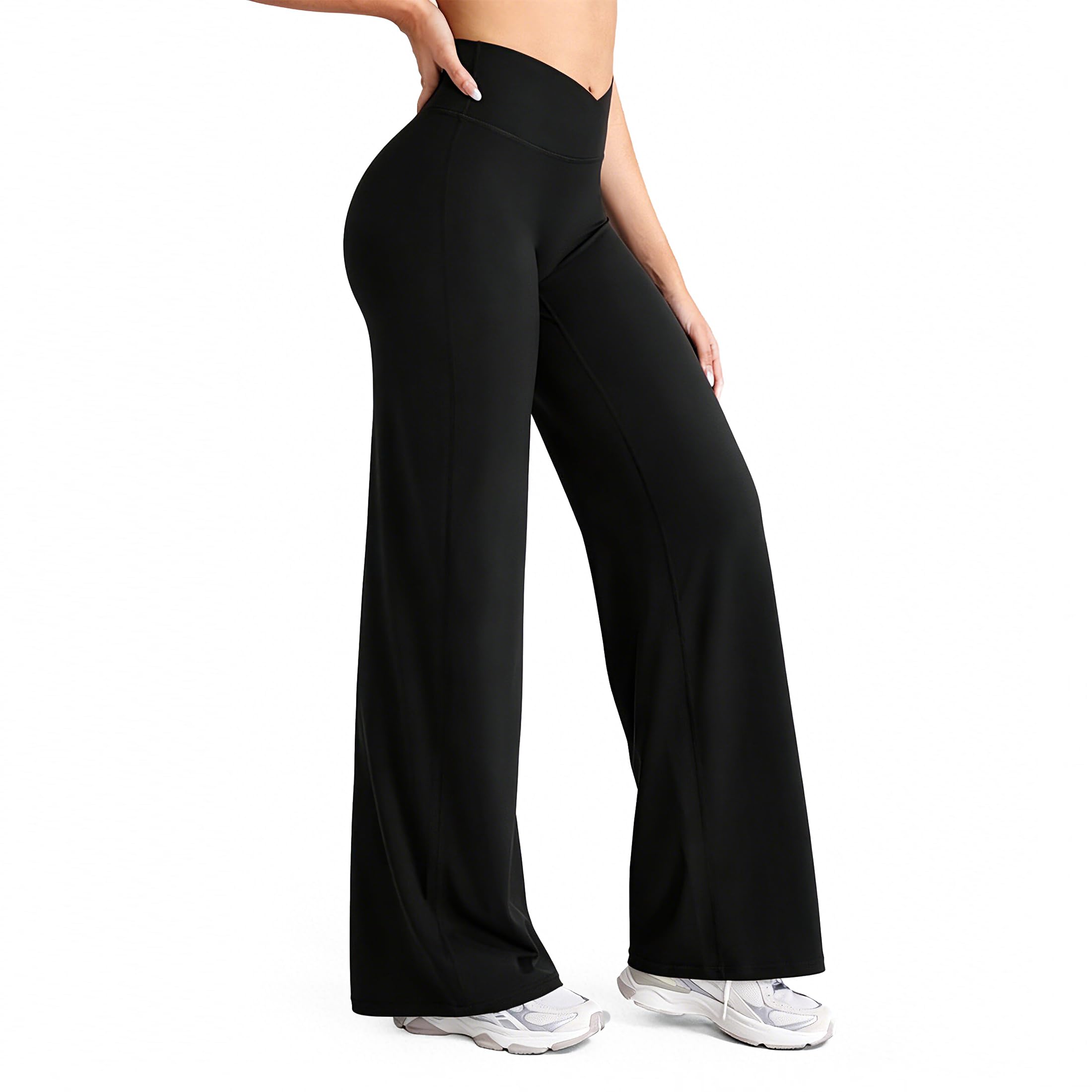 Pantalones de yoga para mujer, sin costuras, rectos elegantes, cruzados, cintura alta, pantalones deportivos anchos con control de abdomen, opacos, elásticos, pantalones de ocio