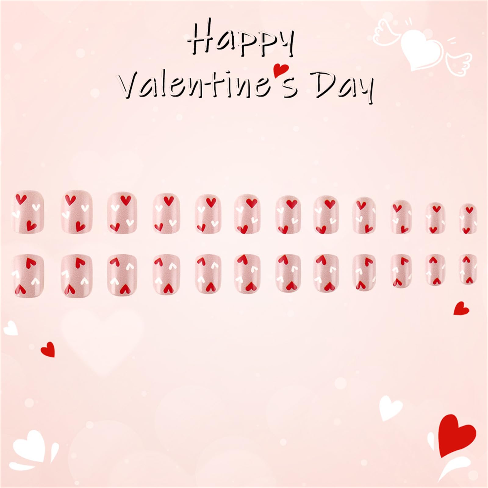 24 unghie finte a forma di cuore, con chiusura a pressione, corte, quadrate, in acrilico, lucide, per San Valentino