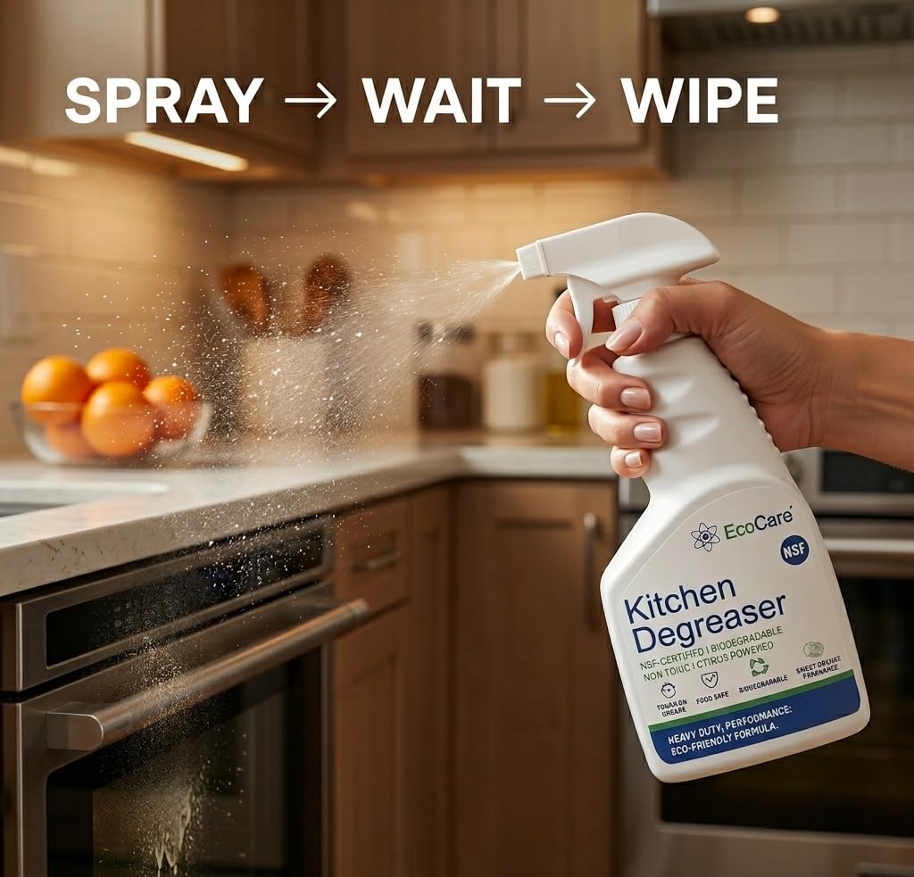 EcoCare Kitchen Cleaner Degreaser | Food-Grade Cleaning Spray For Tough Grease & Burnt Grill | Remove Stubborn Stains on Steel, Copper, Stoves, Chimneys, Counter Tops, Cookware & Appliances 400ML