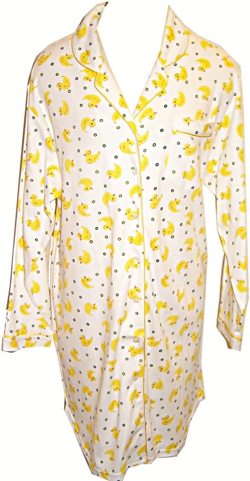 RocketWear Just Ducky Print Long Sleeve Cotton Knit Button Front Night Shirt