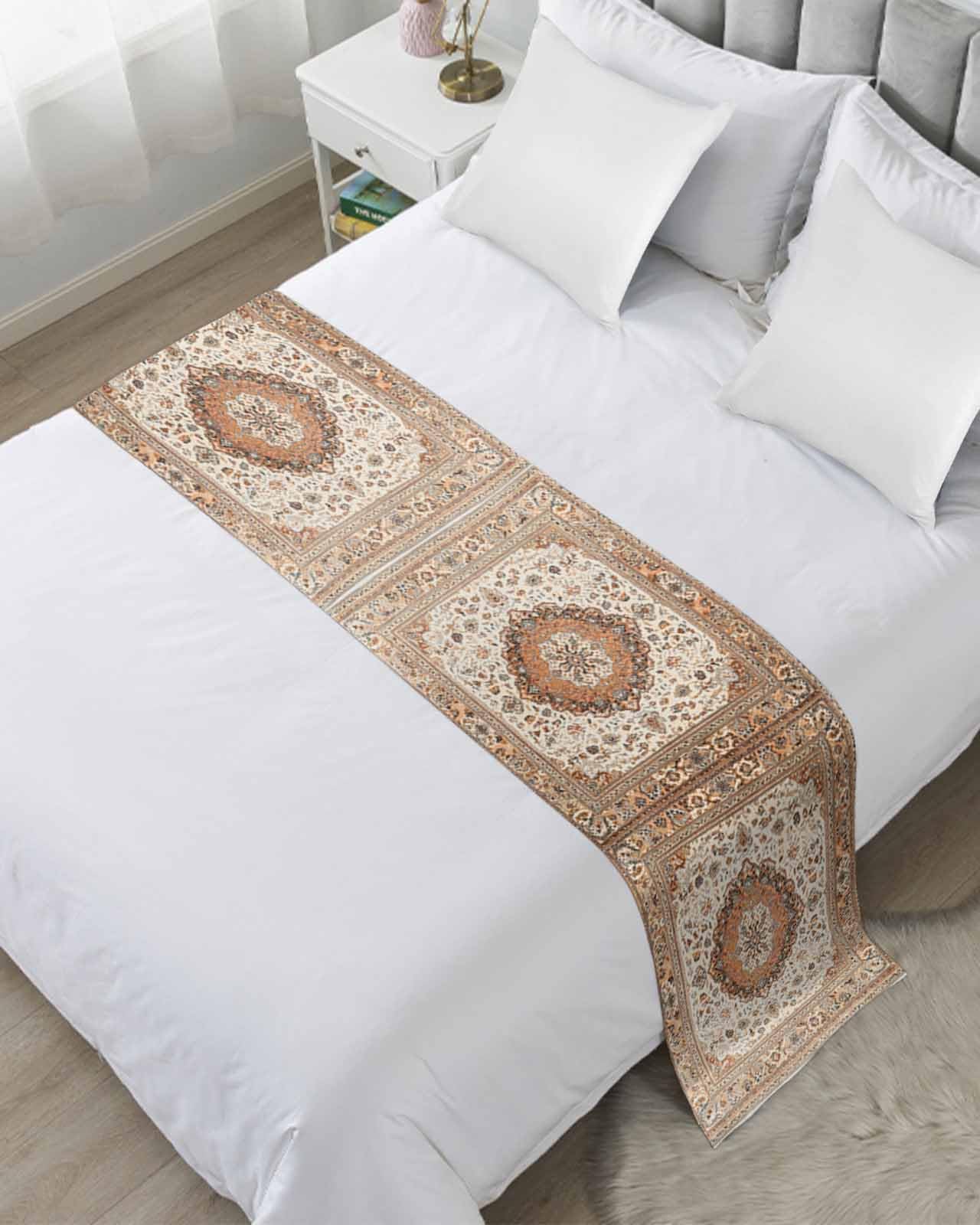 Burnt Orange Boho Bed Runner for Cal. King Size, Vintage Ethnic Geometric Southwestern Bedspread Protector Slipcover Bed Scarf for Foot Runners & Scarves for Bedroom Hotel Wedding Room 94x20 Inches