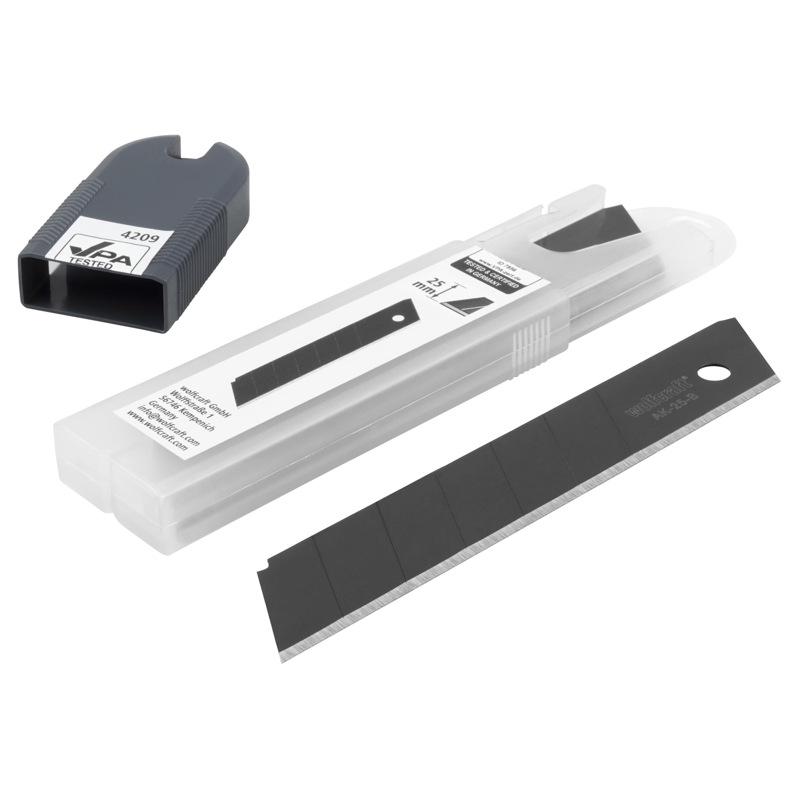 wolfcraft Cuchillas separables PRO SHARP, 25 mm - 5 cuchillas negras con afilado extra, para cúteres de cuchillas separables - 4209000