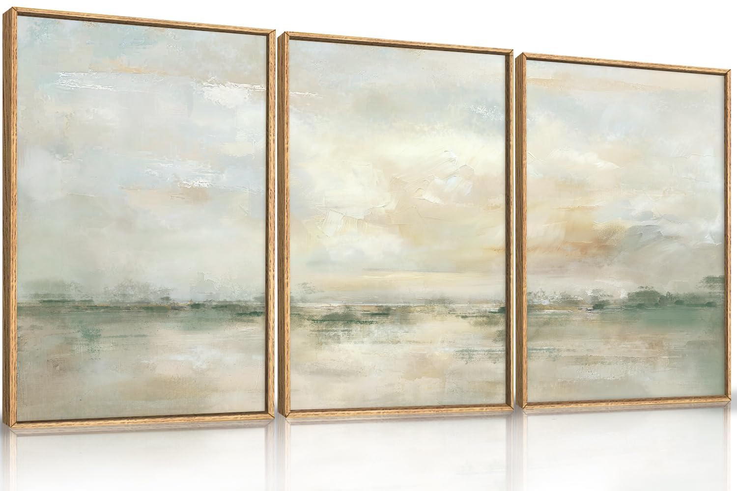 Ausril Large Abstract Green Gray Pastel Framed Canvas Wall Art,Neutral Landscape Wall Decor,Modern Watercolor Lake Artwork,Beige Textured Illustrations Art for Living Room,Bedroom,Office- 16"x24"x3