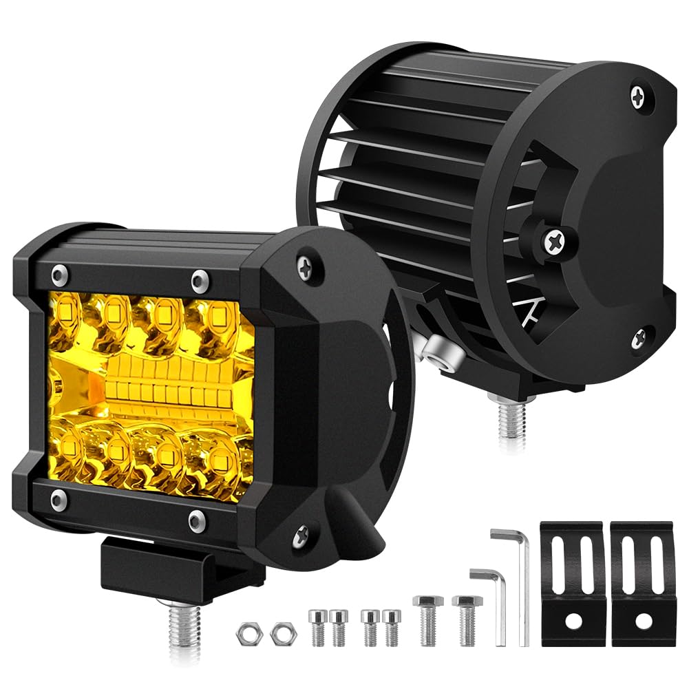 Faro da Lavoro 2 pezzi 12V 120W 1200LM Proiettore LED Lampada da Lavoro 10 cm 6000K Luce Gialla Barra LED per Auto Camion Trattore Quad Veicolo Barca