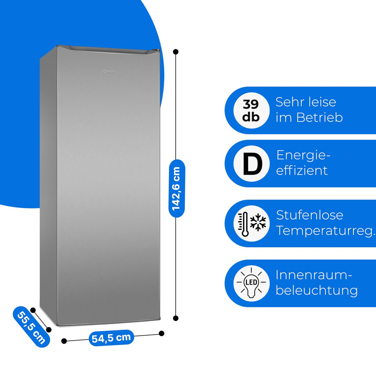 Bomann® Kühlschrank ohne Gefrierfach | Energieklasse D | 143cm | 5 Ablagen | 0°C ~ +8°C | leise 39dB | Getränkekühlschrank | 242L Flaschenkühlschrank | Kühlschrank groß | VS 7363 inox