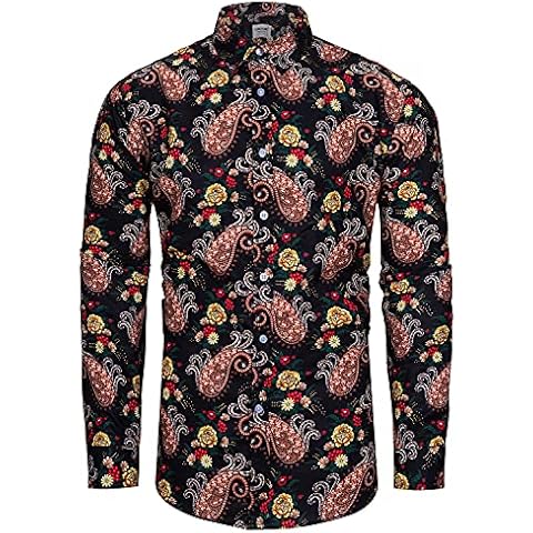 TUNEVUSE Mens Paisley Dress Shirt Floral Print Long Sleeve Button Down 70s Pattern Shirt Black Paisley Small Cover