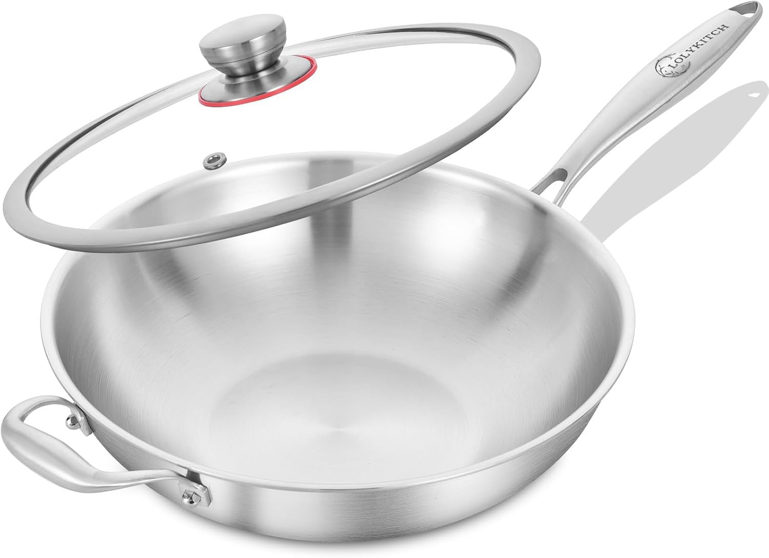 LOLYKITCH Wokpfanne Edelstahl 32 cm mit Deckel | Unbeschichtete Wok Pfanne für Induktion & Gasherd, Edelstahlpfanne ohne Beschichtung, Stainless Steel Wok, genieteter Griff