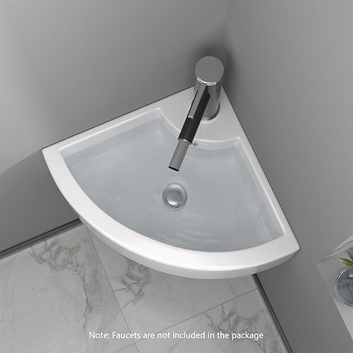 Miniatura 3 de Fregadero esquinero de 18 x 13 pulgadas, montaje en pared, triángulo, lavabo pequeño, blanco, porcelana, cerámica, lavabo, lavabo