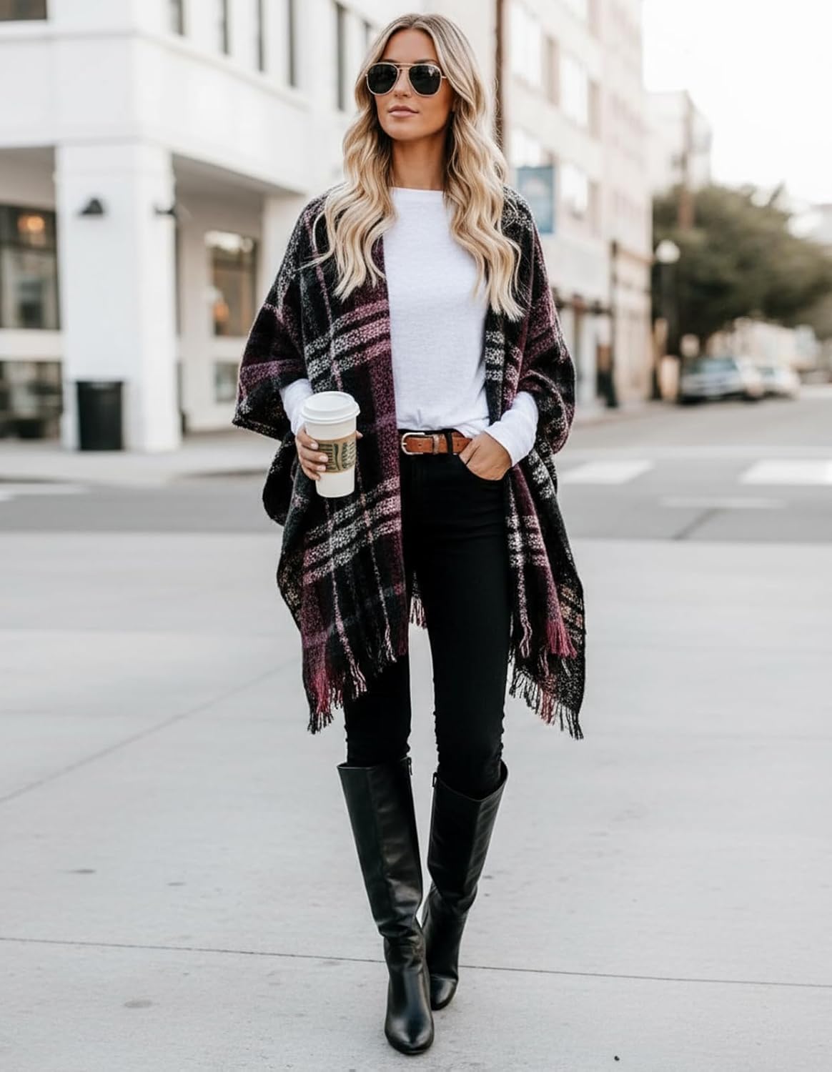 Women's Shawl Wraps Open Front Travel Poncho Cape Warm Oversized Plaid Sweaters Casual Cardigan Shawls - Image 5