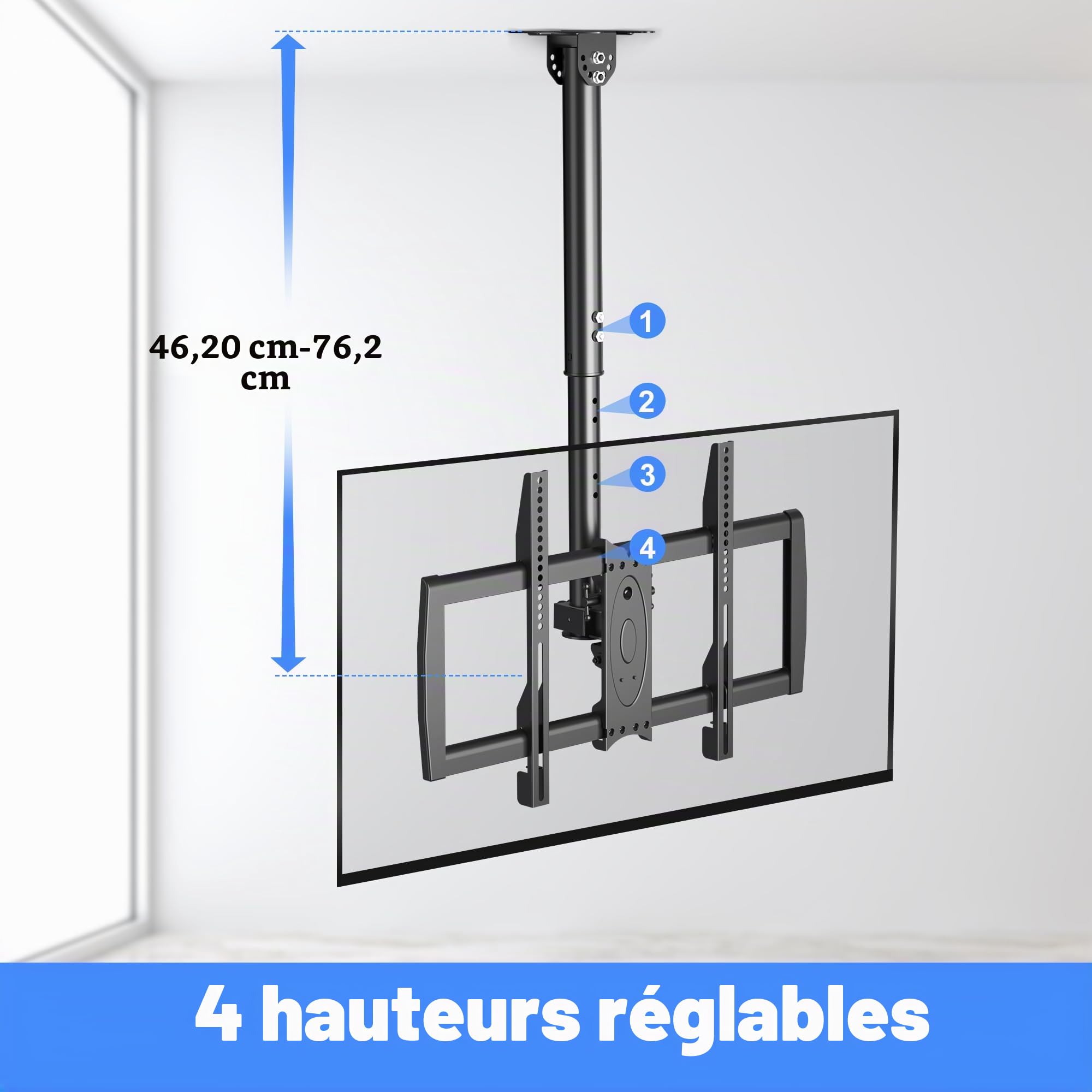 XINLEI Support TV Plafond adapte à la Plupart des écrans Plasma LED LCD de 37-75 Pouces avec VESA Maximum 600x400mm chargé jusqu'à 50 kg Support TV pivotant et inclinable réglable en Hauteur MC61A
