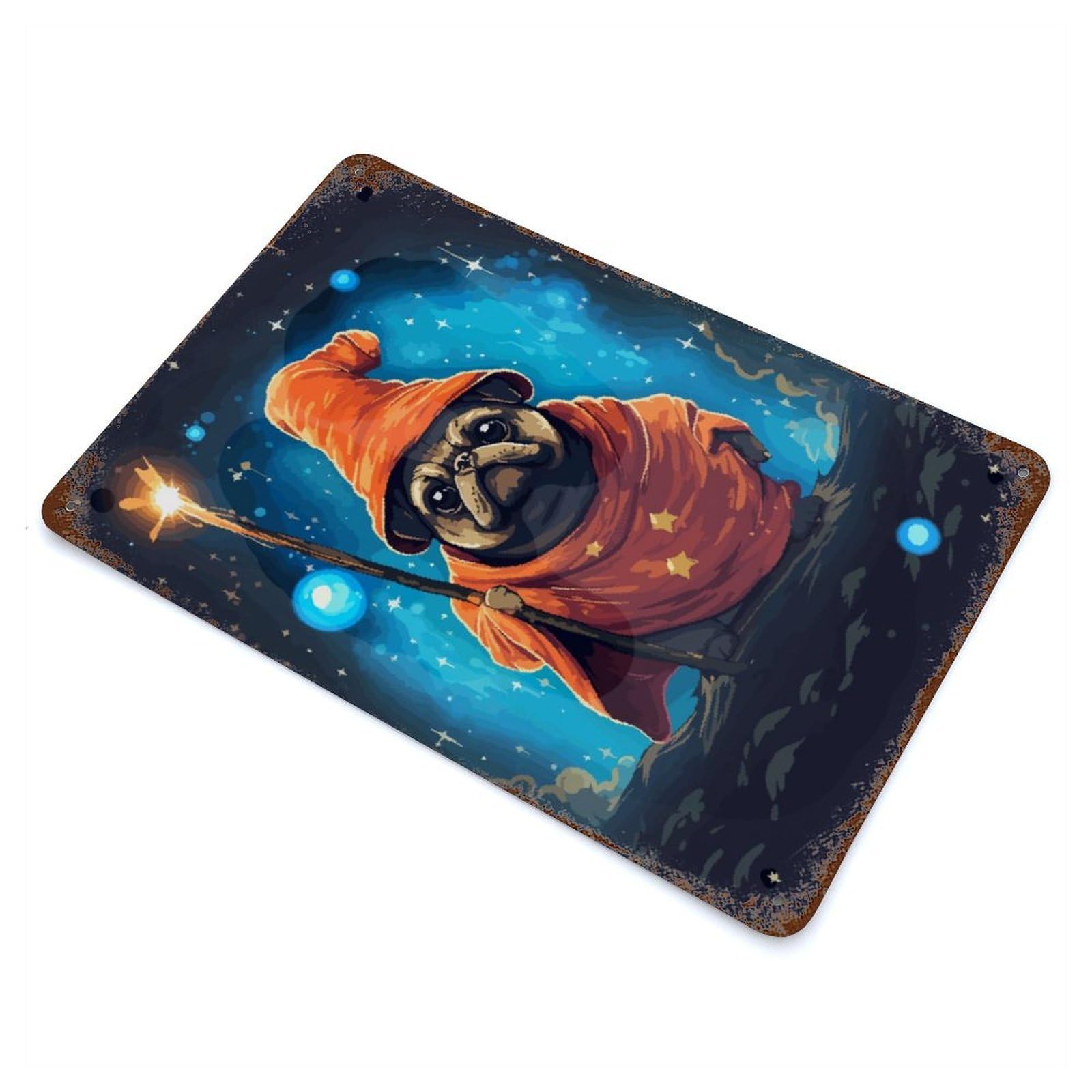 Cute Pug Wizard Pixel Art Vintage Wall Sign 11.8"x7.9", Rust Effect Metal Decor for Living Room, Hallway And Home Decor