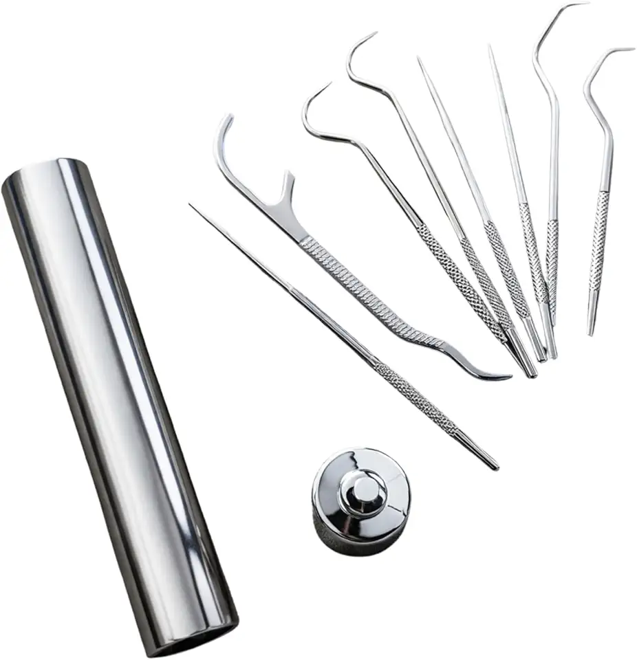 Kit 7 ferramentas de limpeza dental profissional completo portatil fio bucal removedor de tartaro eletrico aço inox higiene oral profunda cuidados bucais diarios limpeza interdental gengiva sensivel uso domestico e profissional acessorio odontologico para adultos rotina completa de saude bucal