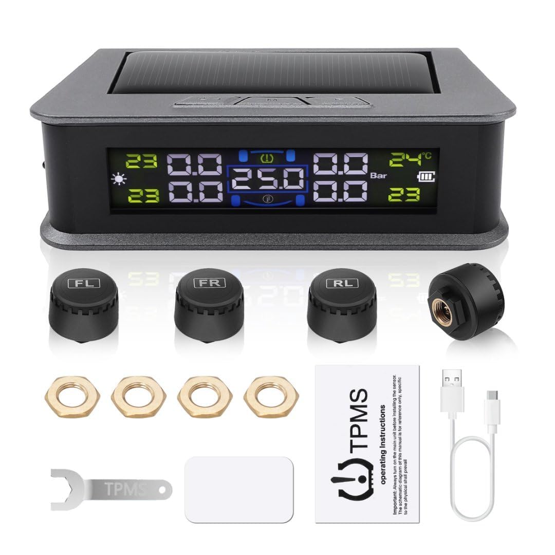 0-5 Bar Sistema di Monitoraggio della Pressione dei Pneumatici TPMS, Solare Wireless e Ricarica USB, 5 modalità di Allarme, 4 Gomme Sensori Esterni, Gamma, Universale per Auto SUV Camper