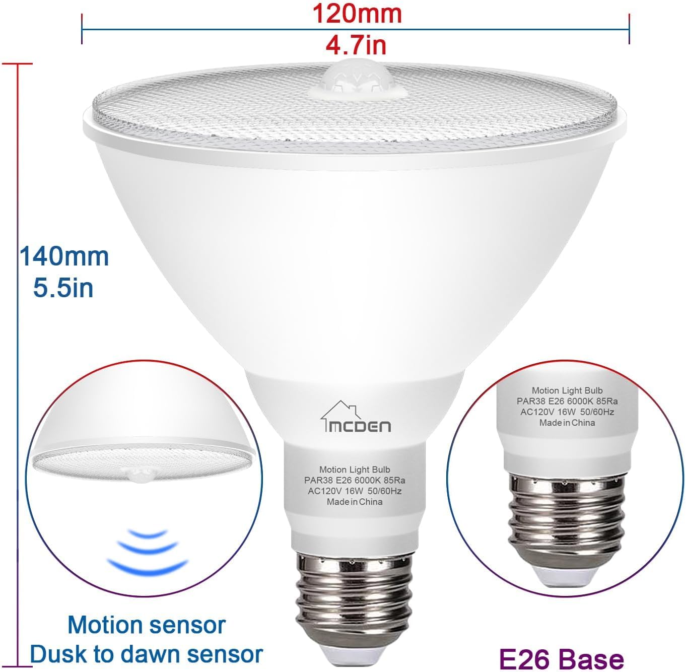 McDen Motion Sensor Light Bulb, PAR38 16W Equivalent 100W 6000K Daylight, Indoor Motion Activation Detector Light Bulb, E26 Base Dusk to Dawn Security Night Light.LED Flood Lights Outdoor, 4 Packs
