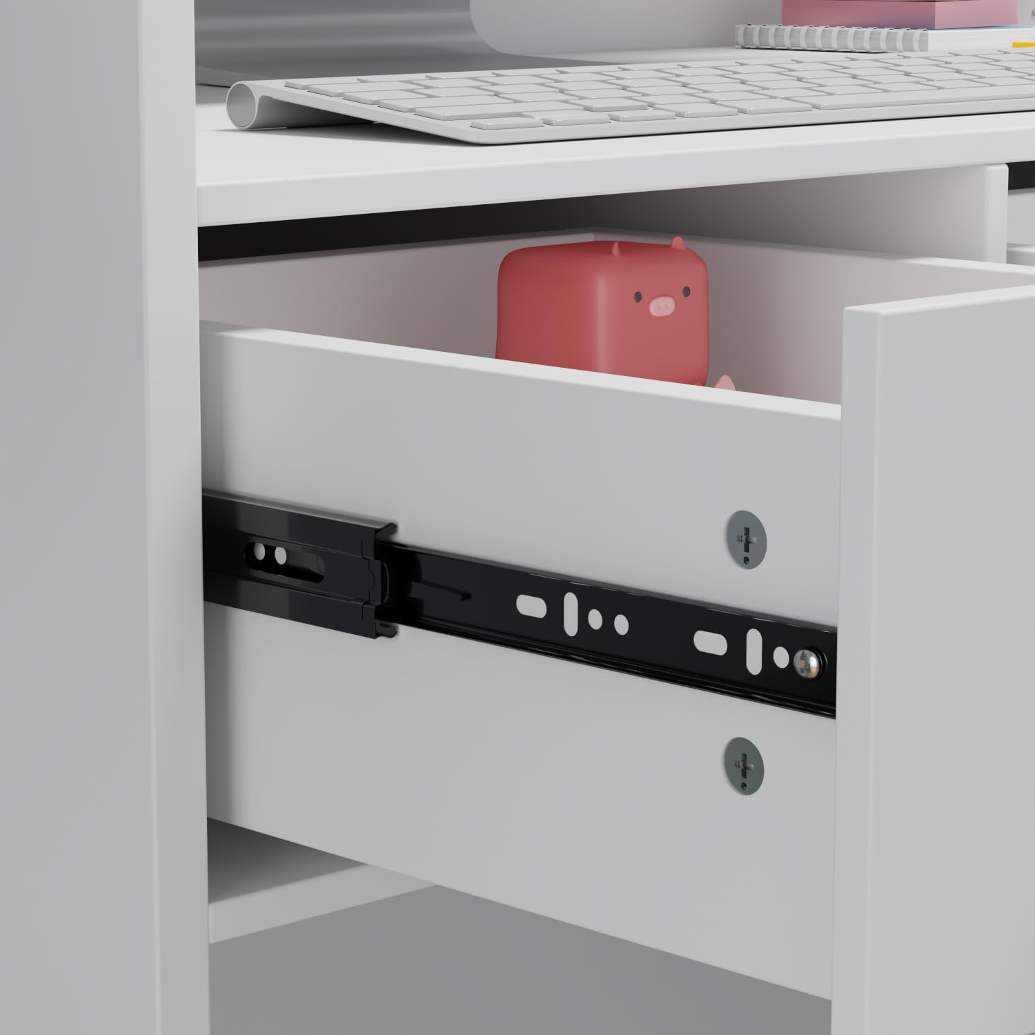 Banco reception, tavolo bancone per ufficio con 3 cassetti, disponibile, schermo privacy, bianco, MDF, maniglia in metallo, 110 x 120 x 48 cm