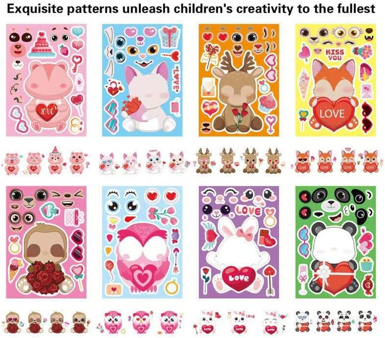 24 Sheets Valentine Stickers for Kids, Valentine's Day Make a Face Stickers, Make Your Own Stickers Animal Stickers for Boys Girls