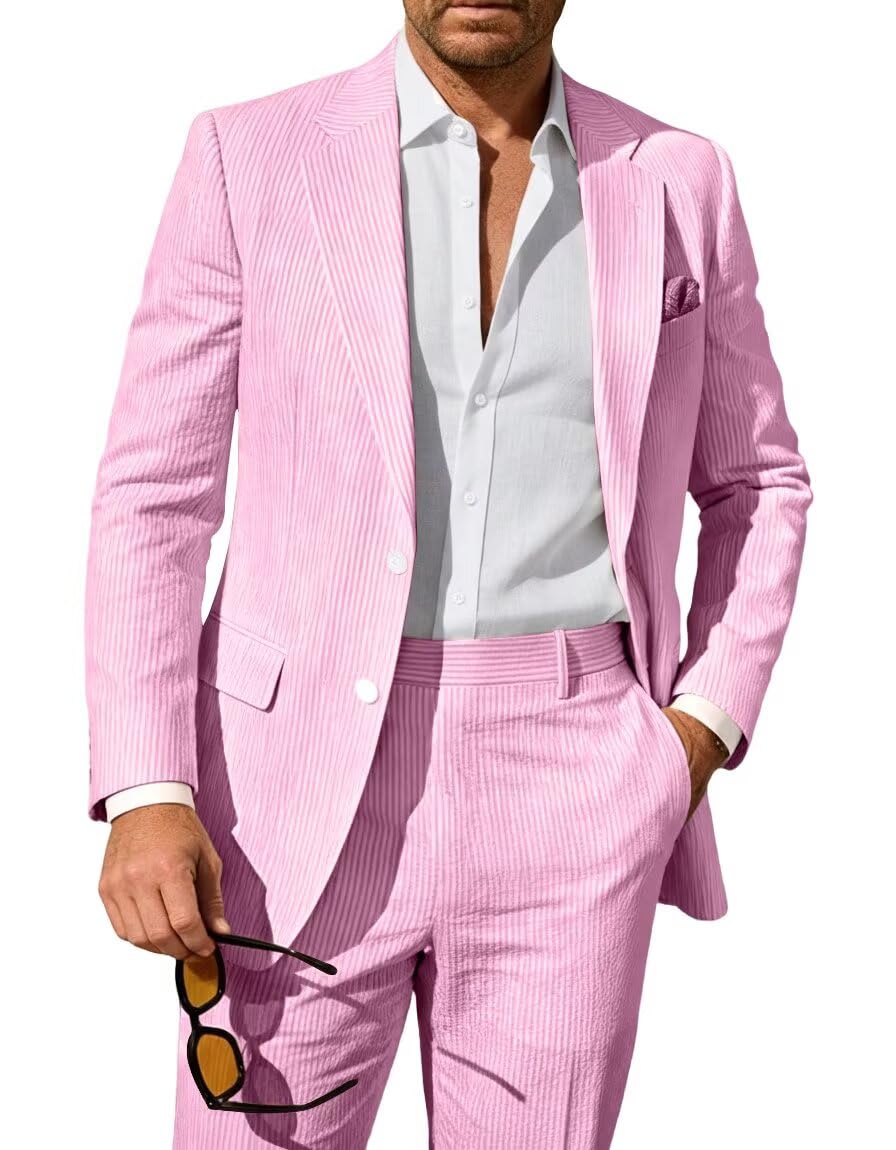 Seersucker Suit Mens 2 Piece Summer Beach Wedding Outfit for Men Classic Fit Casual Sear Sucker Suit for Grooms Prom Party