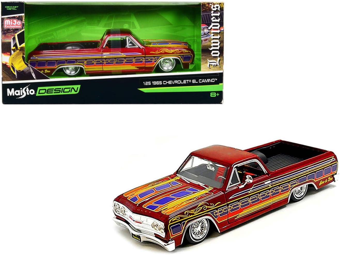 Maisto 1965 Chevrolet El Camino Lowrider Candy Red Metallic with Graphics Lowriders Series 1/25 Diecast Model Car